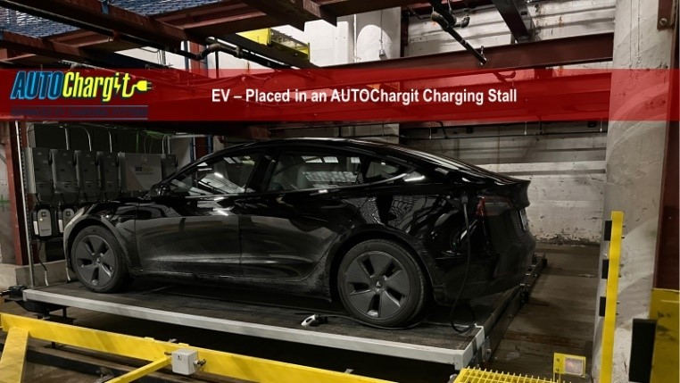 AUTOChargit used in an AUTOParkit System, an autonomous parking garage, automatically swaps vehicles in and out of a EVCS. Available for Level II and DC Fast Chargers that meter energy usage for direct client billing.